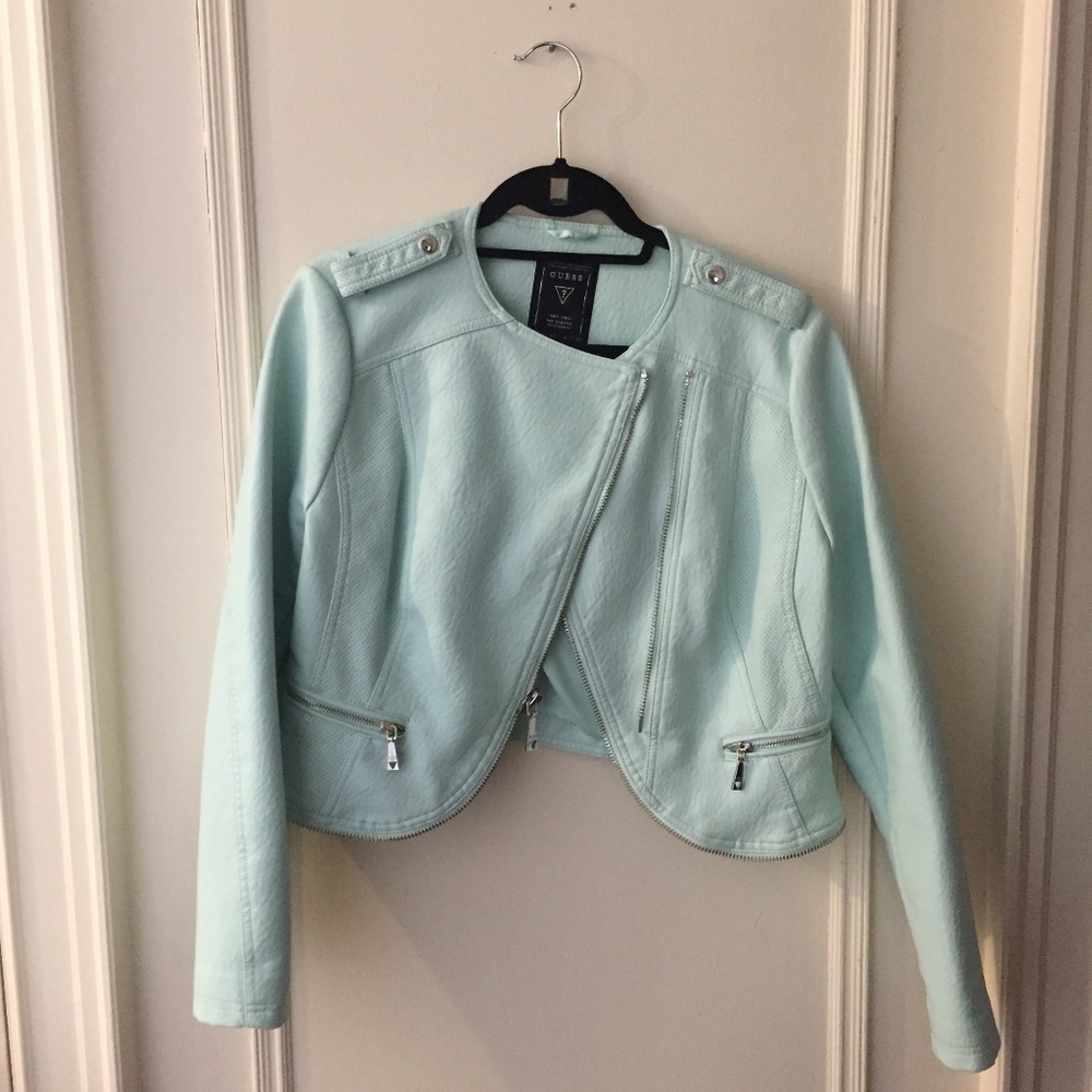 Guess Sky Blue Faux Leather Moto Jacket Size: L
